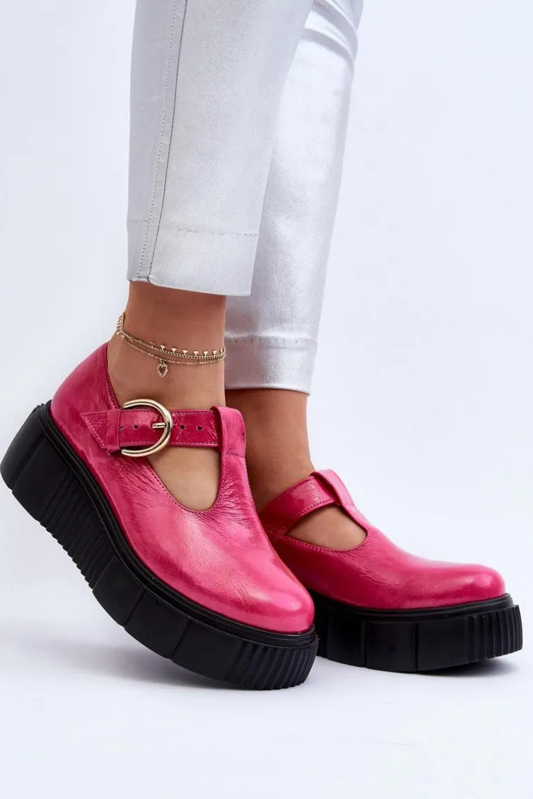 Zazoo 20102 Modne Lakierowane Półbuty Na Masywnej Platformie Fuksja