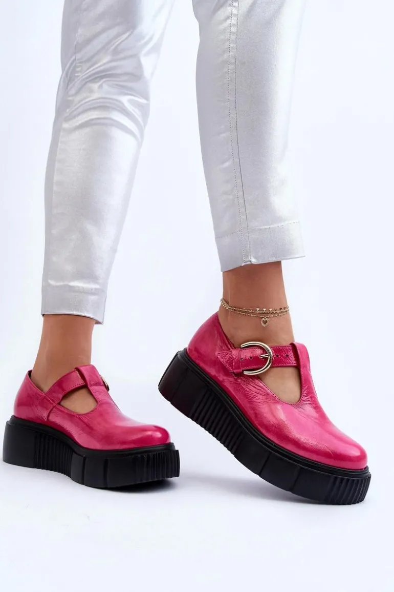 Zazoo 20102 Modne Lakierowane Półbuty Na Masywnej Platformie Fuksja