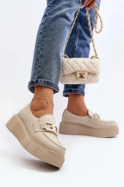 Zazoo 20101 Modne Skórzane Półbuty Na Platformie Jasnobeżowe