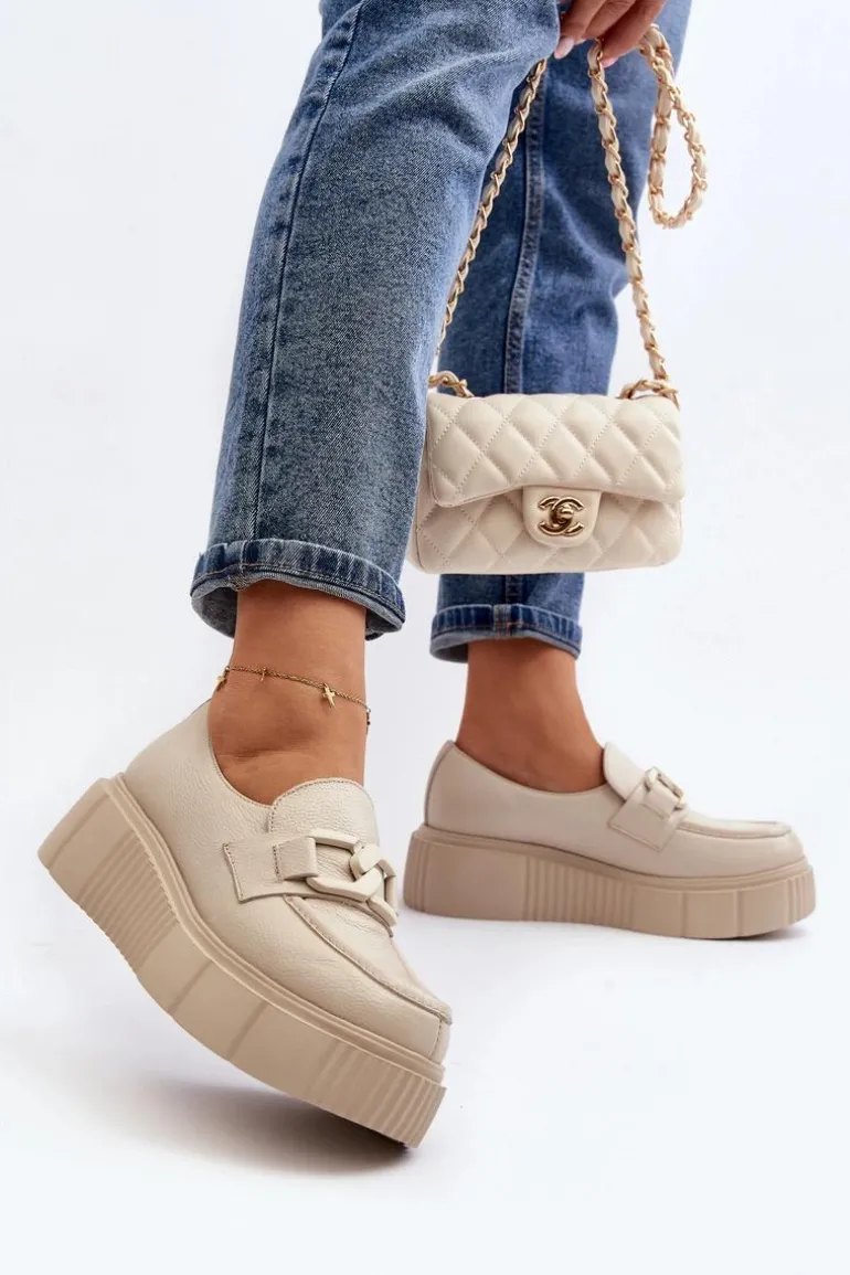 Zazoo 20101 Modne Skórzane Półbuty Na Platformie Jasnobeżowe