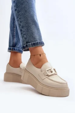 Zazoo 20101 Modne Skórzane Półbuty Na Platformie Jasnobeżowe