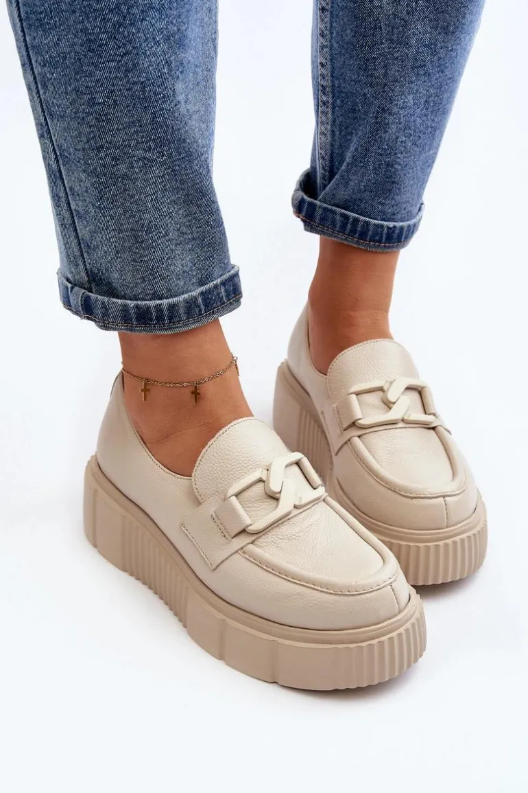 Zazoo 20101 Modne Skórzane Półbuty Na Platformie Jasnobeżowe
