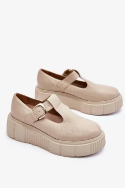 Zazoo 20102 Modne Skórzane Półbuty Na Masywnej Platformie Beżowe
