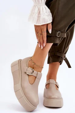 Zazoo 20102 Modne Skórzane Półbuty Na Masywnej Platformie Beżowe