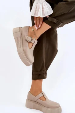 Zazoo 20102 Modne Skórzane Półbuty Na Masywnej Platformie Beżowe