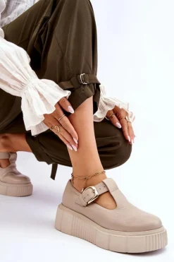 Zazoo 20102 Modne Skórzane Półbuty Na Masywnej Platformie Beżowe