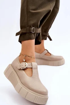 Zazoo 20102 Modne Skórzane Półbuty Na Masywnej Platformie Beżowe