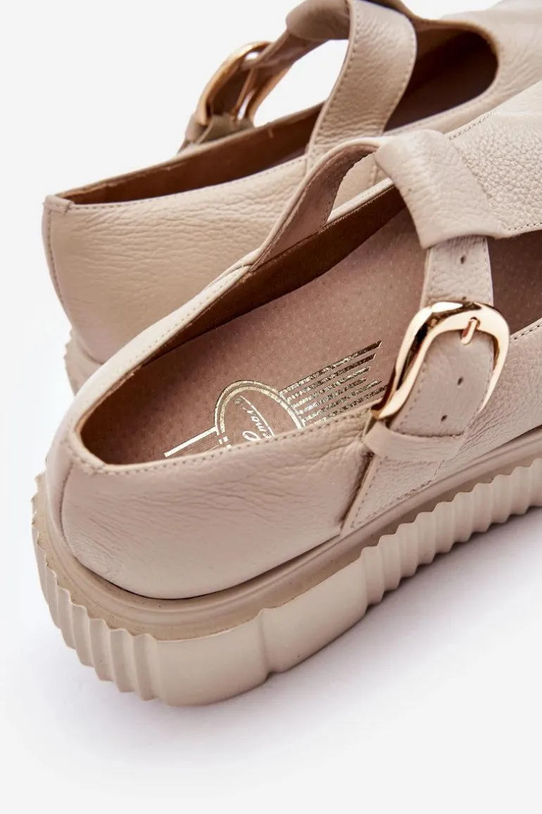 Zazoo 20102 Modne Skórzane Półbuty Na Masywnej Platformie Beżowe