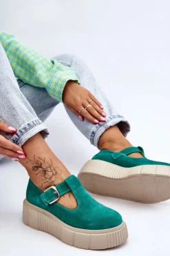 Zazoo 20102 Modne Zamszowe Półbuty Na Masywnej Platformie Zielone