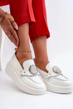 Zazoo 3486 Mokasyny Damskie Skórzane Z Ozdobą Białe