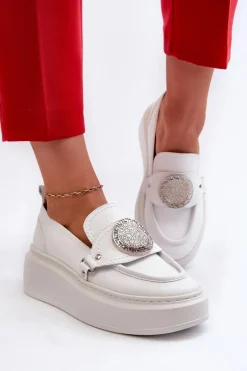 Zazoo 3486 Mokasyny Damskie Skórzane Z Ozdobą Białe