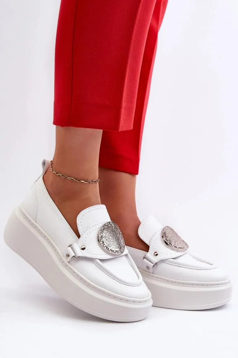 Zazoo 3486 Mokasyny Damskie Skórzane Z Ozdobą Białe