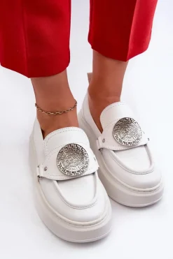 Zazoo 3486 Mokasyny Damskie Skórzane Z Ozdobą Białe