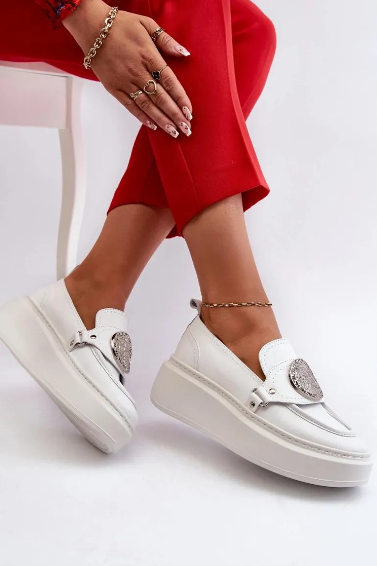 Zazoo 3486 Mokasyny Damskie Skórzane Z Ozdobą Białe