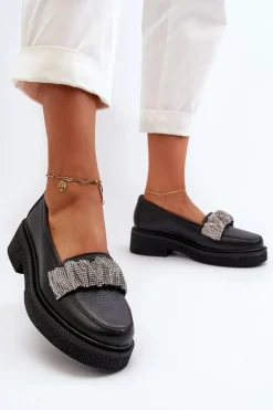 Zazoo 3419 Mokasyny Damskie Skórzane Z Ozdobnym Paseczkiem Czarne