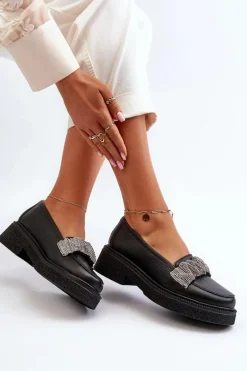 Zazoo 3419 Mokasyny Damskie Skórzane Z Ozdobnym Paseczkiem Czarne