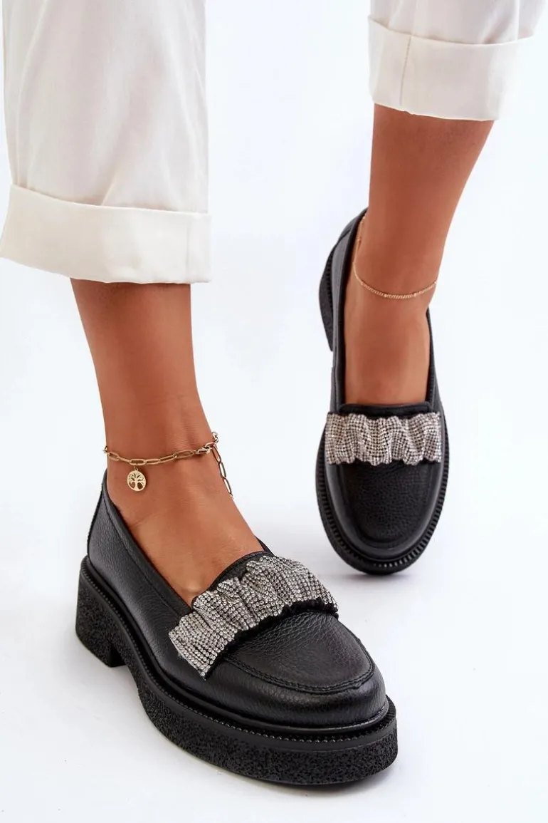 Zazoo 3419 Mokasyny Damskie Skórzane Z Ozdobnym Paseczkiem Czarne