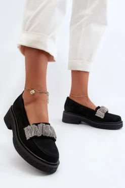 Zazoo 3419 Mokasyny Damskie Zamszowe Z Ozdobnym Paseczkiem Czarne