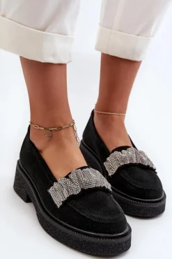 Zazoo 3419 Mokasyny Damskie Zamszowe Z Ozdobnym Paseczkiem Czarne