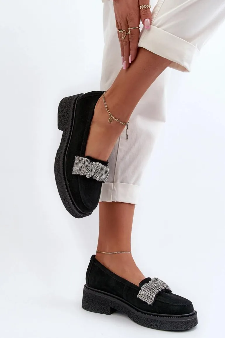 Zazoo 3419 Mokasyny Damskie Zamszowe Z Ozdobnym Paseczkiem Czarne