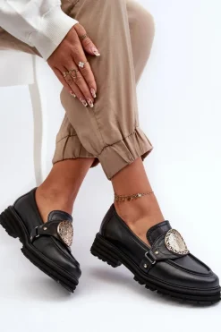 Zazoo 3485 Mokasyny Damskie Ze Złotą Ozdobą Skóra Naturalna