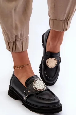 Zazoo 3485 Mokasyny Damskie Ze Złotą Ozdobą Skóra Naturalna