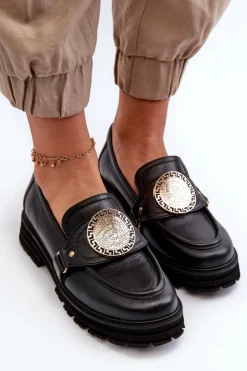 Zazoo 3485 Mokasyny Damskie Ze Złotą Ozdobą Skóra Naturalna