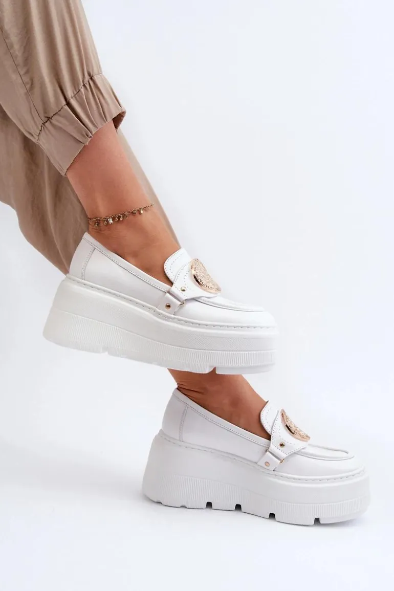 Zazoo 3458 Mokasyny Skórzane Damskie Z Ozdobą Białe