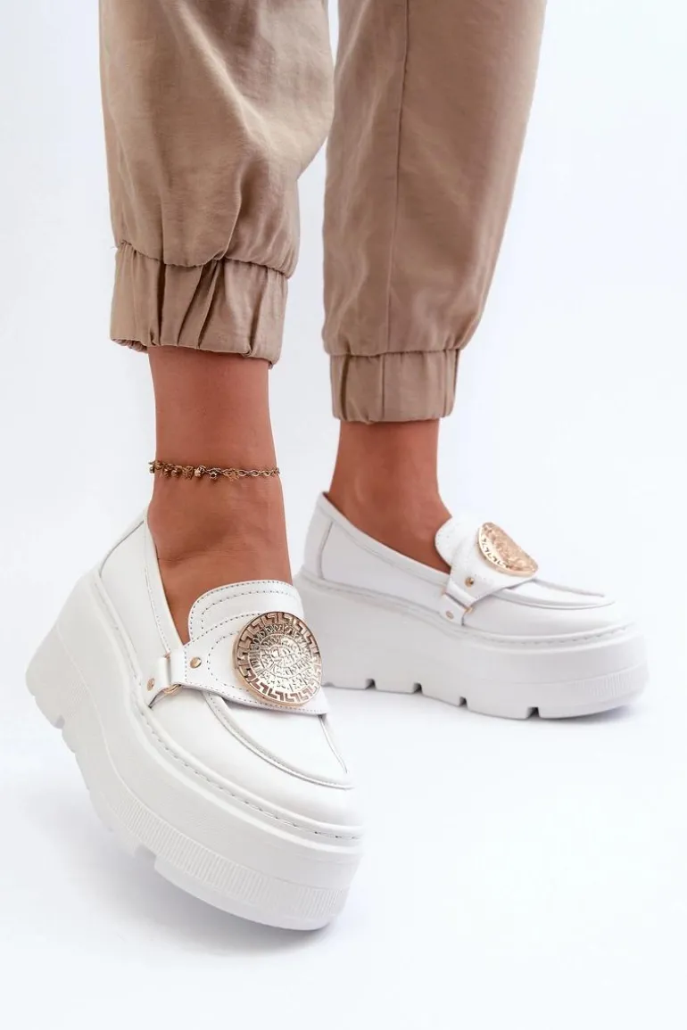 Zazoo 3458 Mokasyny Skórzane Damskie Z Ozdobą Białe