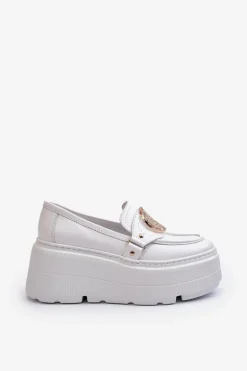 Zazoo 3458 Mokasyny Skórzane Damskie Z Ozdobą Białe