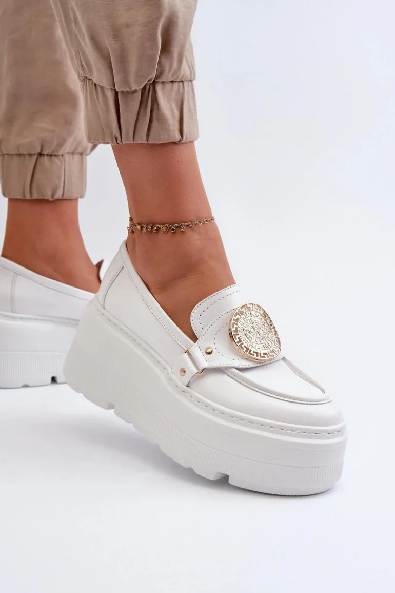 Zazoo 3458 Mokasyny Skórzane Damskie Z Ozdobą Białe