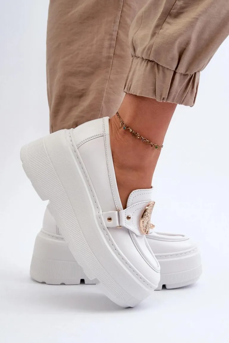 Zazoo 3458 Mokasyny Skórzane Damskie Z Ozdobą Białe