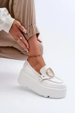 Zazoo 3458 Mokasyny Skórzane Damskie Z Ozdobą Białe