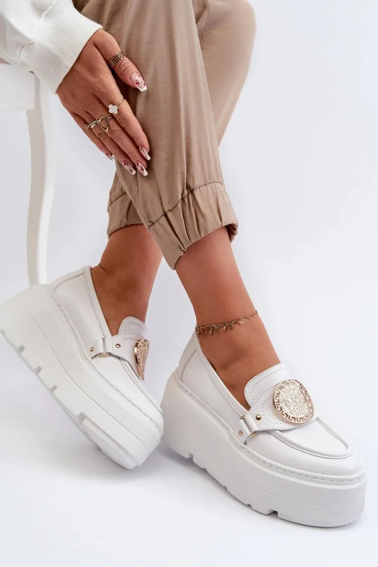 Zazoo 3458 Mokasyny Skórzane Damskie Z Ozdobą Białe