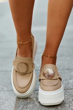 Zazoo 3458 Mokasyny Skórzane Damskie Z Ozdobą Beżowe