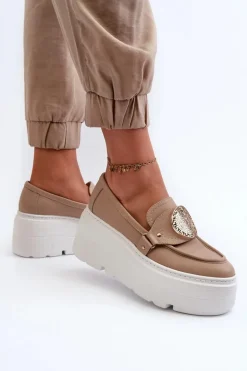 Zazoo 3458 Mokasyny Skórzane Damskie Z Ozdobą Beżowe