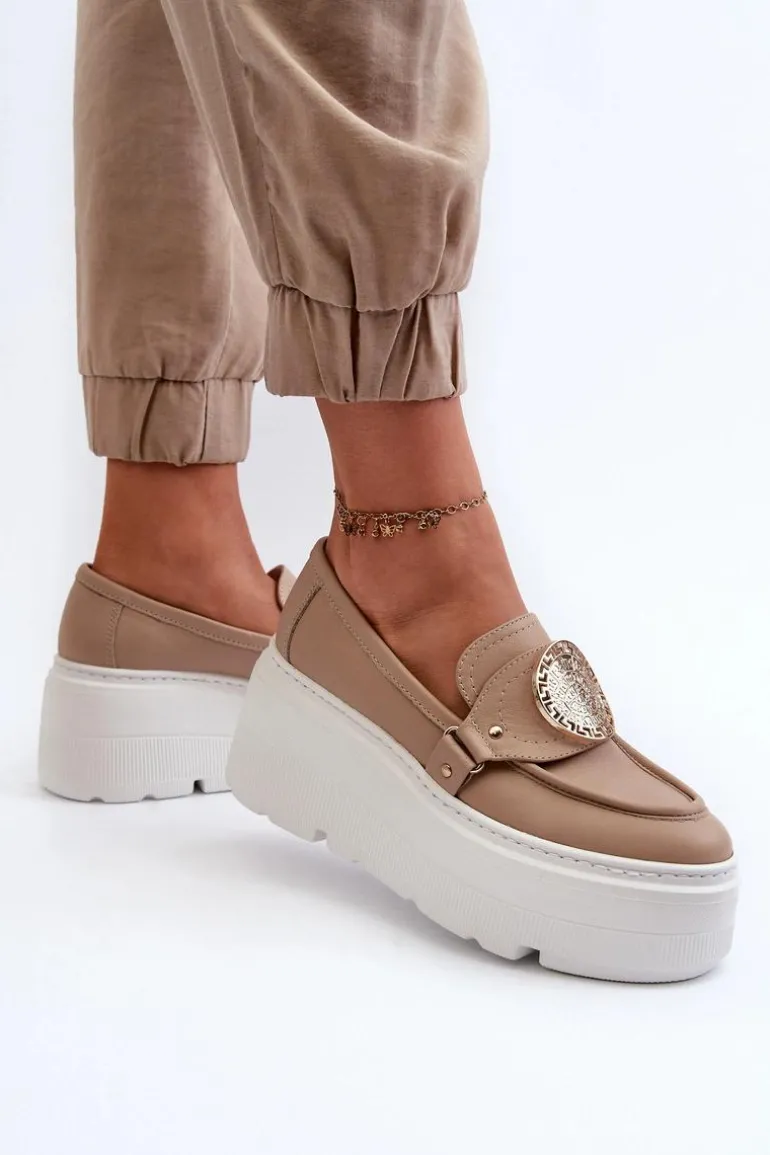 Zazoo 3458 Mokasyny Skórzane Damskie Z Ozdobą Beżowe