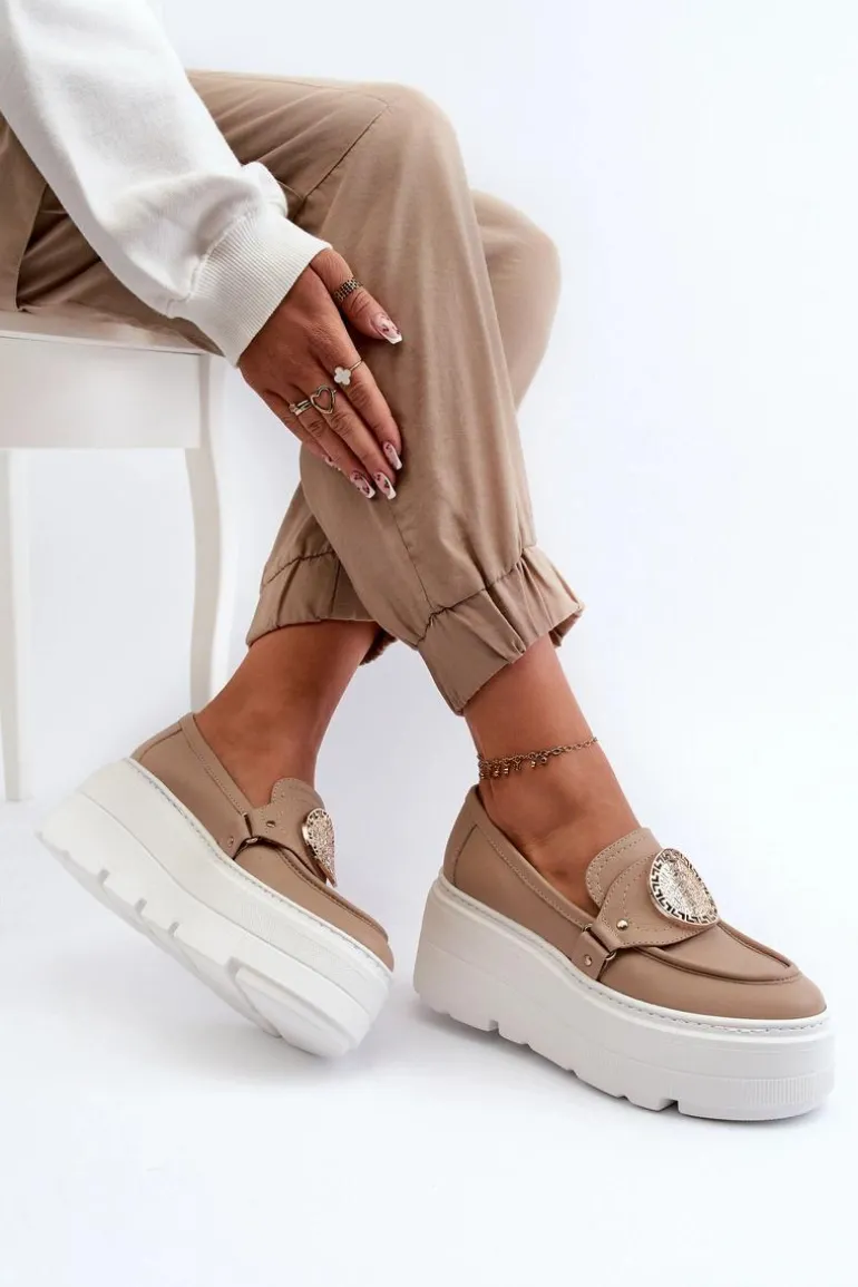 Zazoo 3458 Mokasyny Skórzane Damskie Z Ozdobą Beżowe