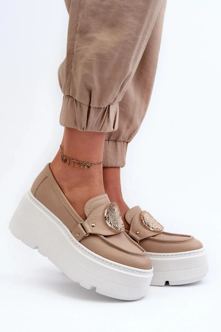 Zazoo 3458 Mokasyny Skórzane Damskie Z Ozdobą Beżowe