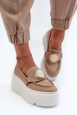 Zazoo 3458 Mokasyny Skórzane Damskie Z Ozdobą Beżowe