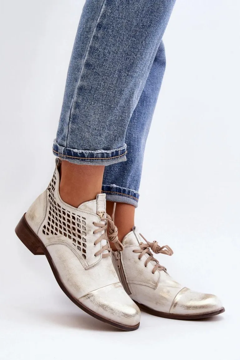 Zazoo 2878 Niskie Ażurowe Botki Skórzane Damskie Srebrne