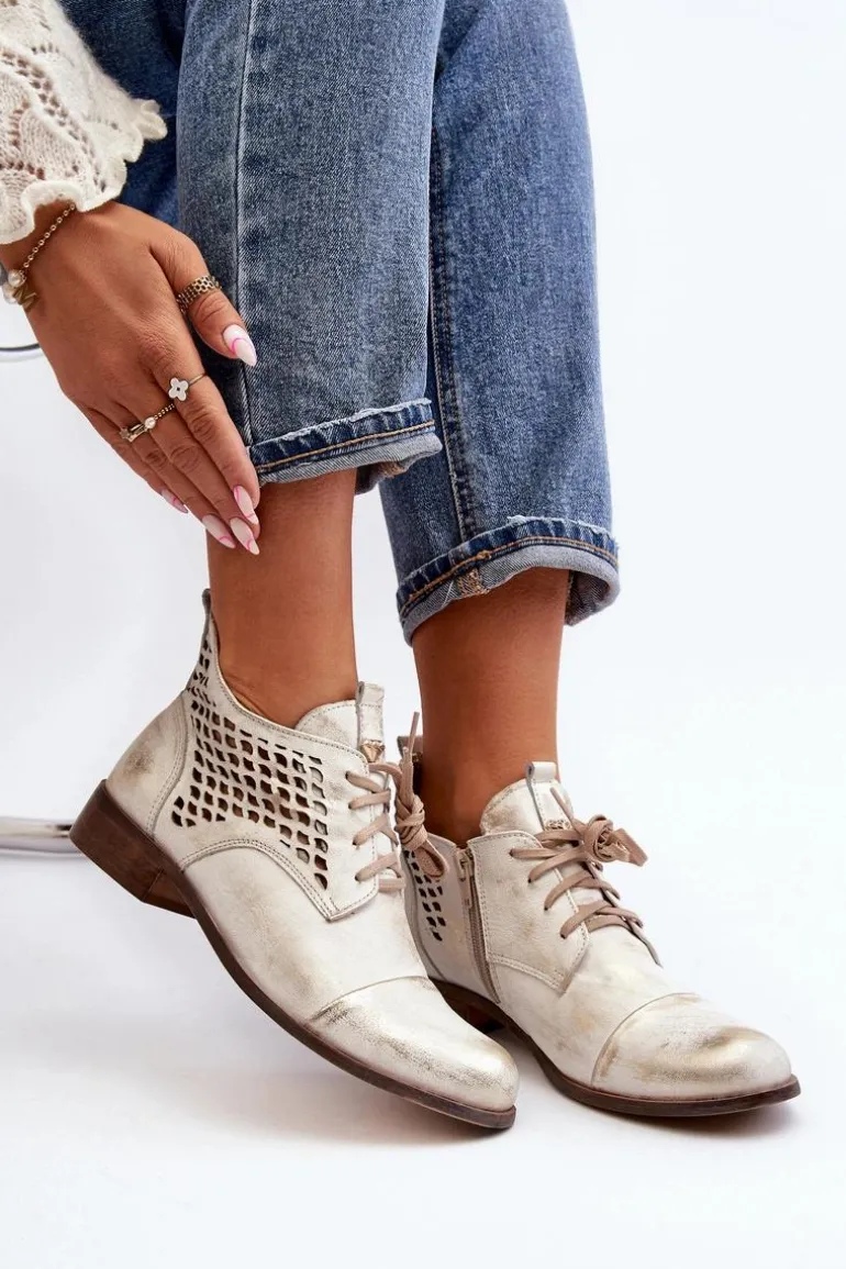 Zazoo 2878 Niskie Ażurowe Botki Skórzane Damskie Srebrne