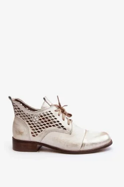 Zazoo 2878 Niskie Ażurowe Botki Skórzane Damskie Srebrne