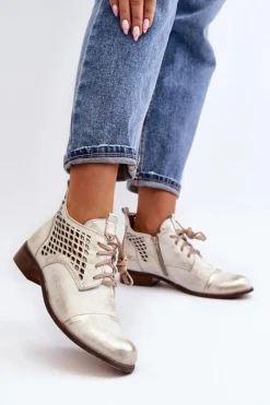 Zazoo 2878 Niskie Ażurowe Botki Skórzane Damskie Srebrne