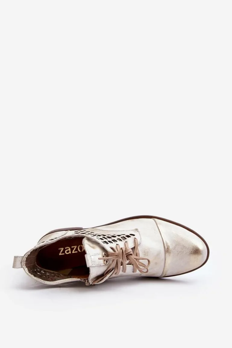 Zazoo 2878 Niskie Ażurowe Botki Skórzane Damskie Srebrne