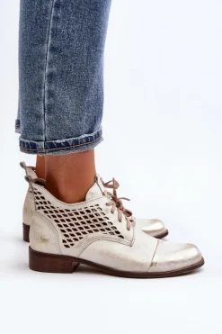 Zazoo 2878 Niskie Ażurowe Botki Skórzane Damskie Srebrne