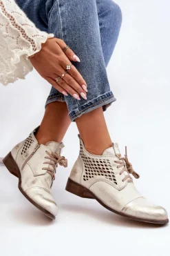 Zazoo 2878 Niskie Ażurowe Botki Skórzane Damskie Srebrne