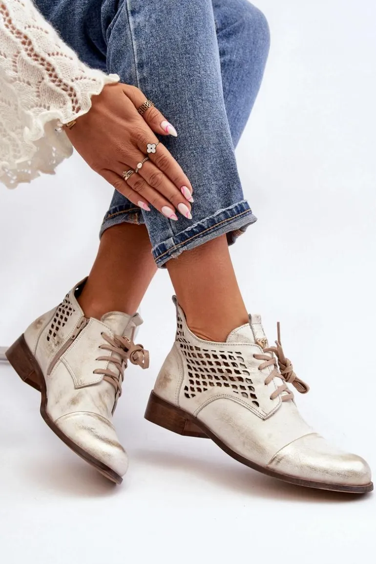 Zazoo 2878 Niskie Ażurowe Botki Skórzane Damskie Srebrne