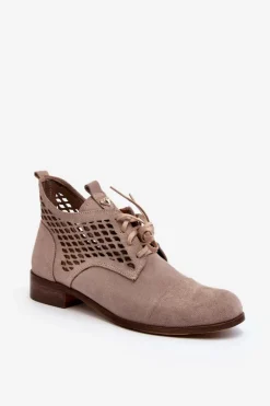 Zazoo 2878 Niskie Ażurowe Botki Damskie Zamszowe Beżowe