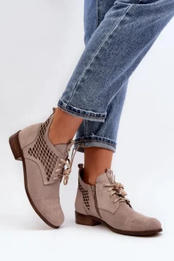 Zazoo 2878 Niskie Ażurowe Botki Damskie Zamszowe Beżowe